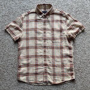 Pendleton Men’s Brown Tan Rust Blue Plaid Check S/S Button Front Shirt M